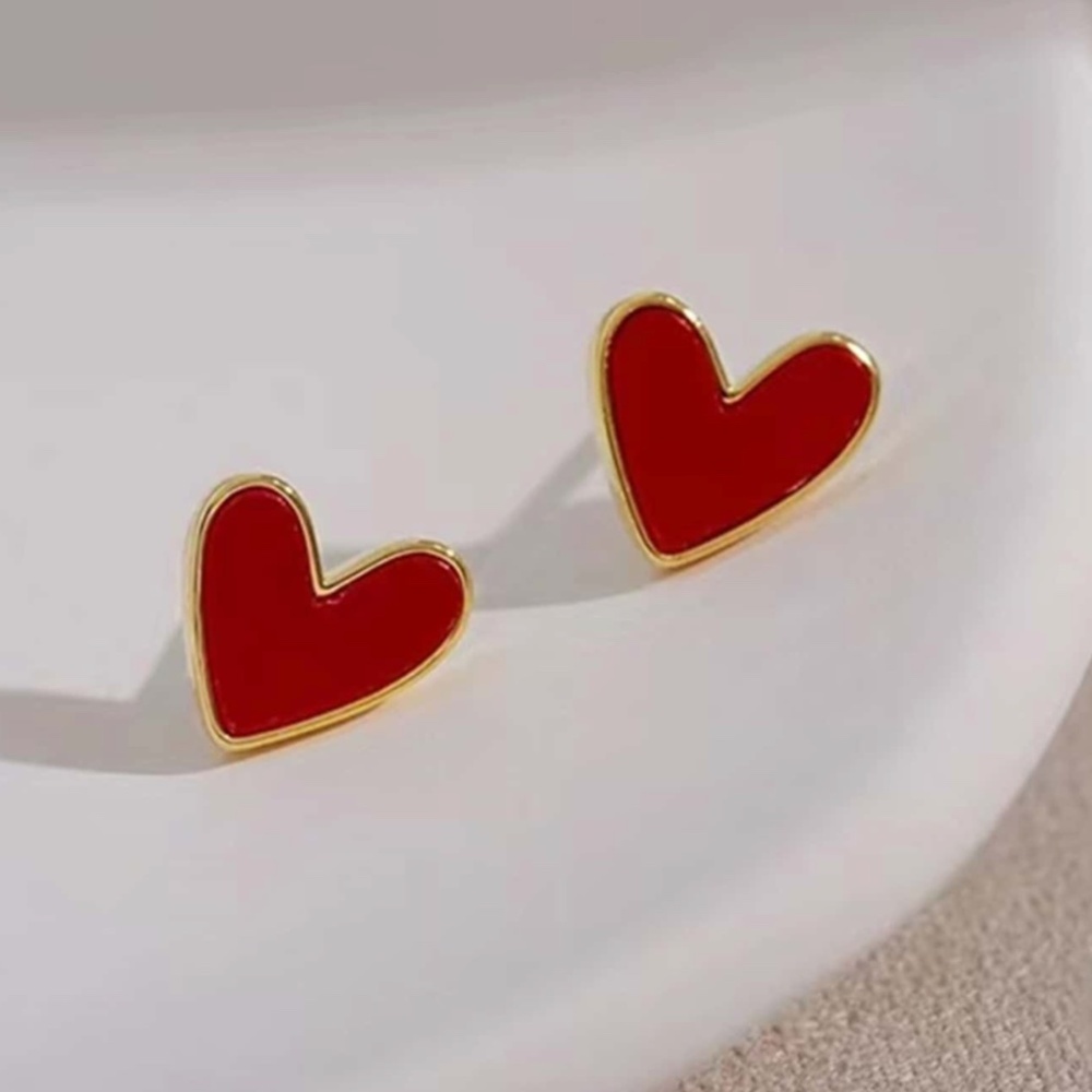 Red Hearts Stud Earrings Yellow Gold Tone